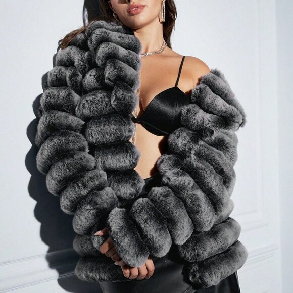 Grey Women's Open Front Fuzzy Coat - Picture 6 of 7